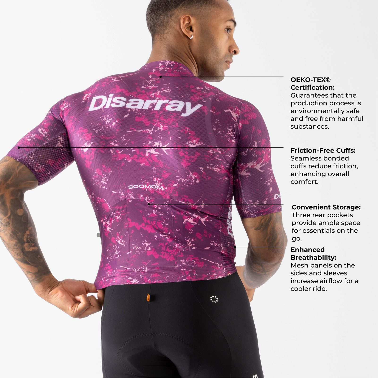 Disarray EDM — technical feature callouts on the jersey back