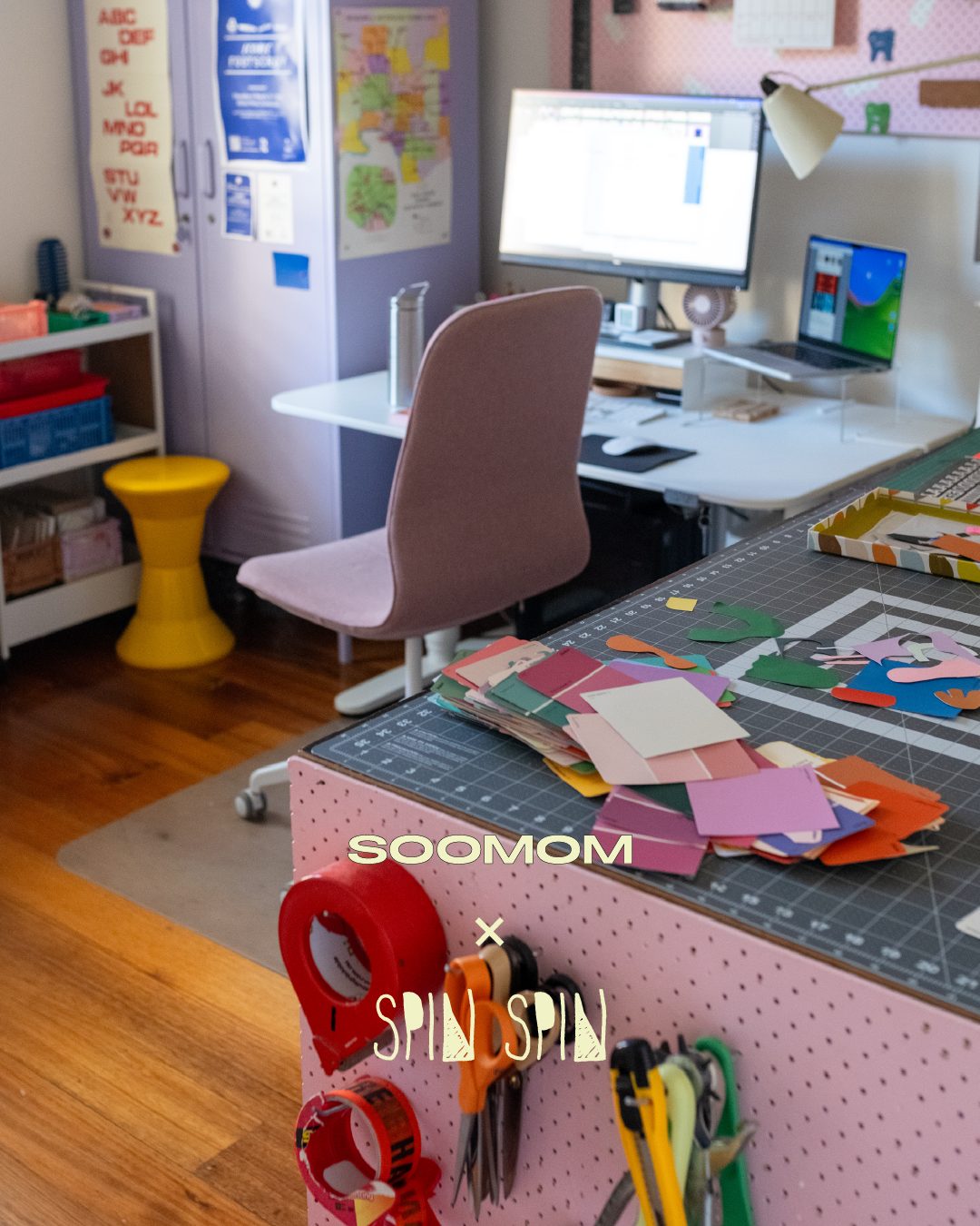 SpinSpin — the artist’s desk with co-brand lockup