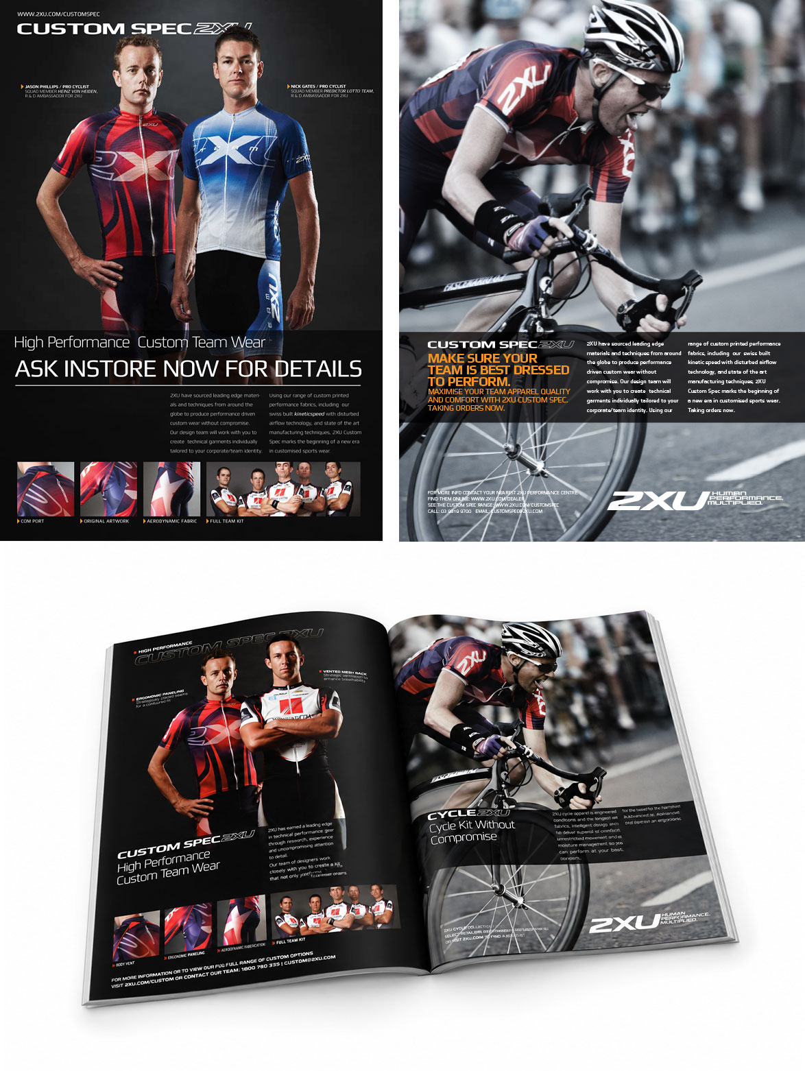 Custom Spec 2XU magazine advertising — high performance custom team wear, with magazine spread mockup