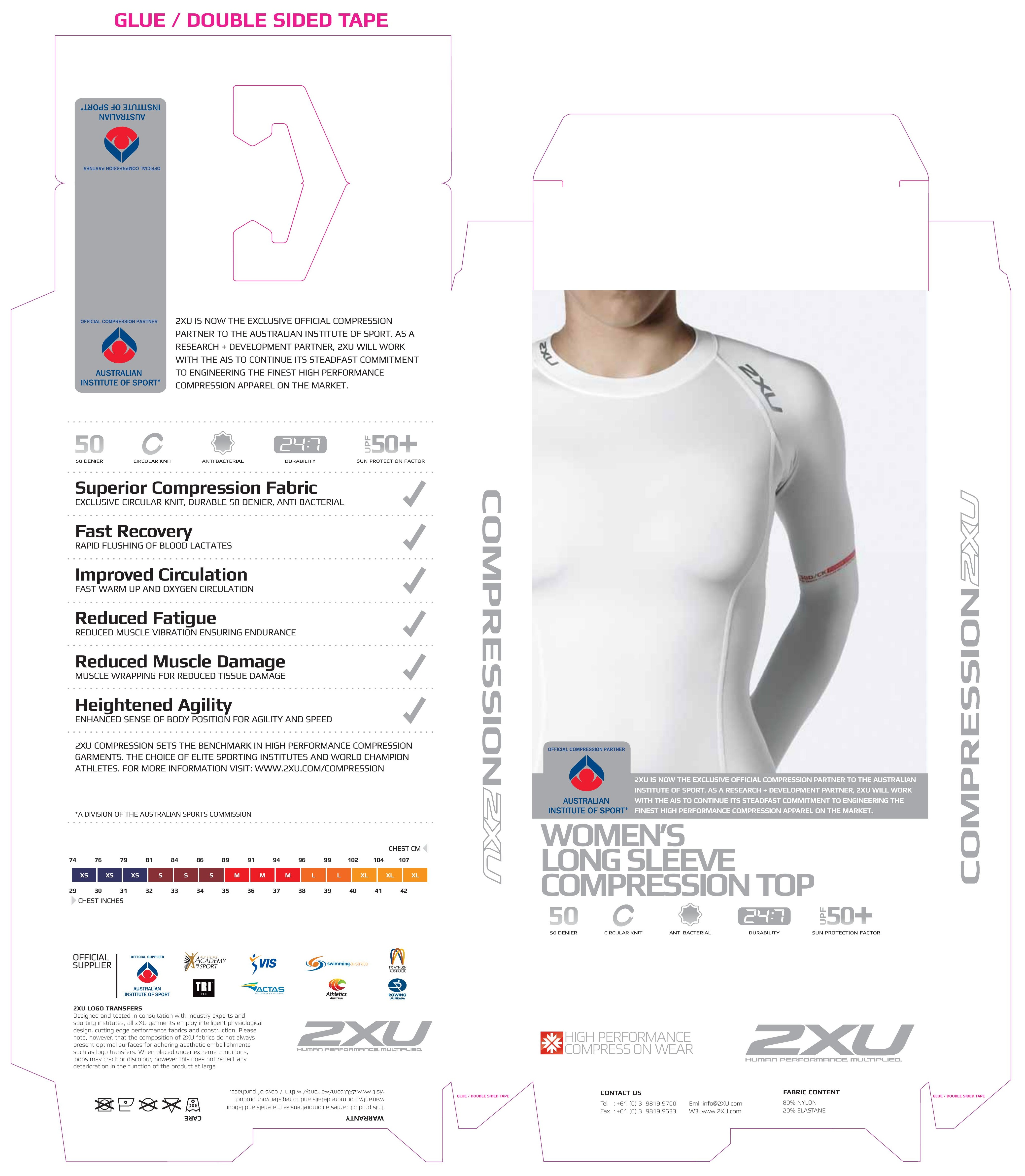 2XU Women's Long Sleeve Compression Top retail packaging structural dieline template