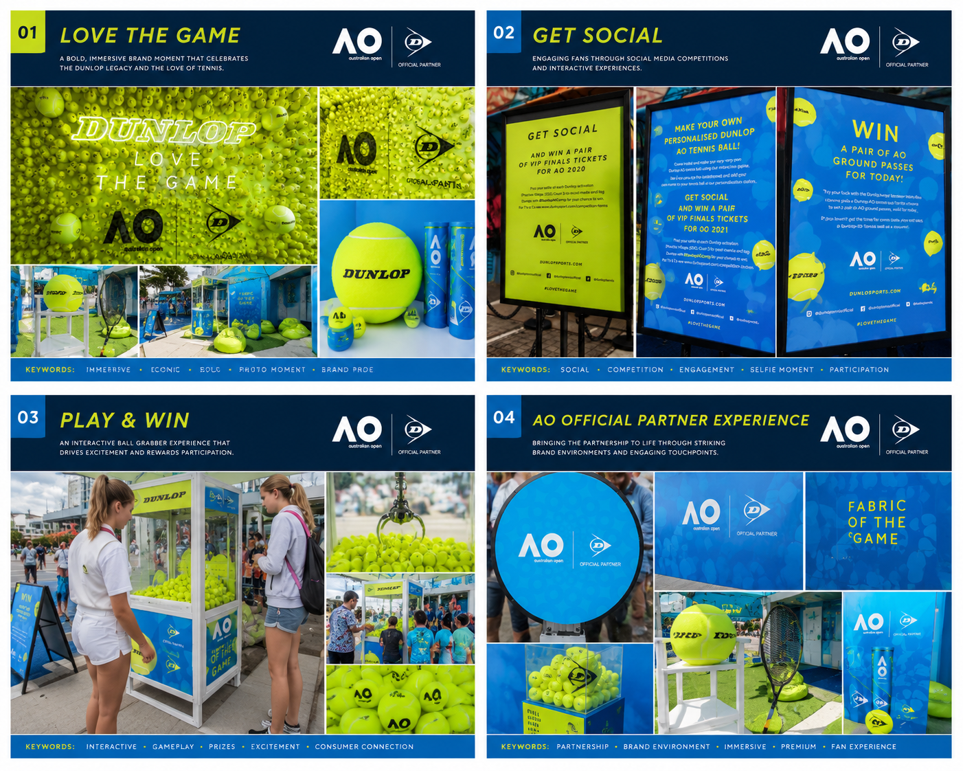 Dunlop Australian Open campaign framework — Love The Game, Get Social, Play & Win, AO Official Partner Experience