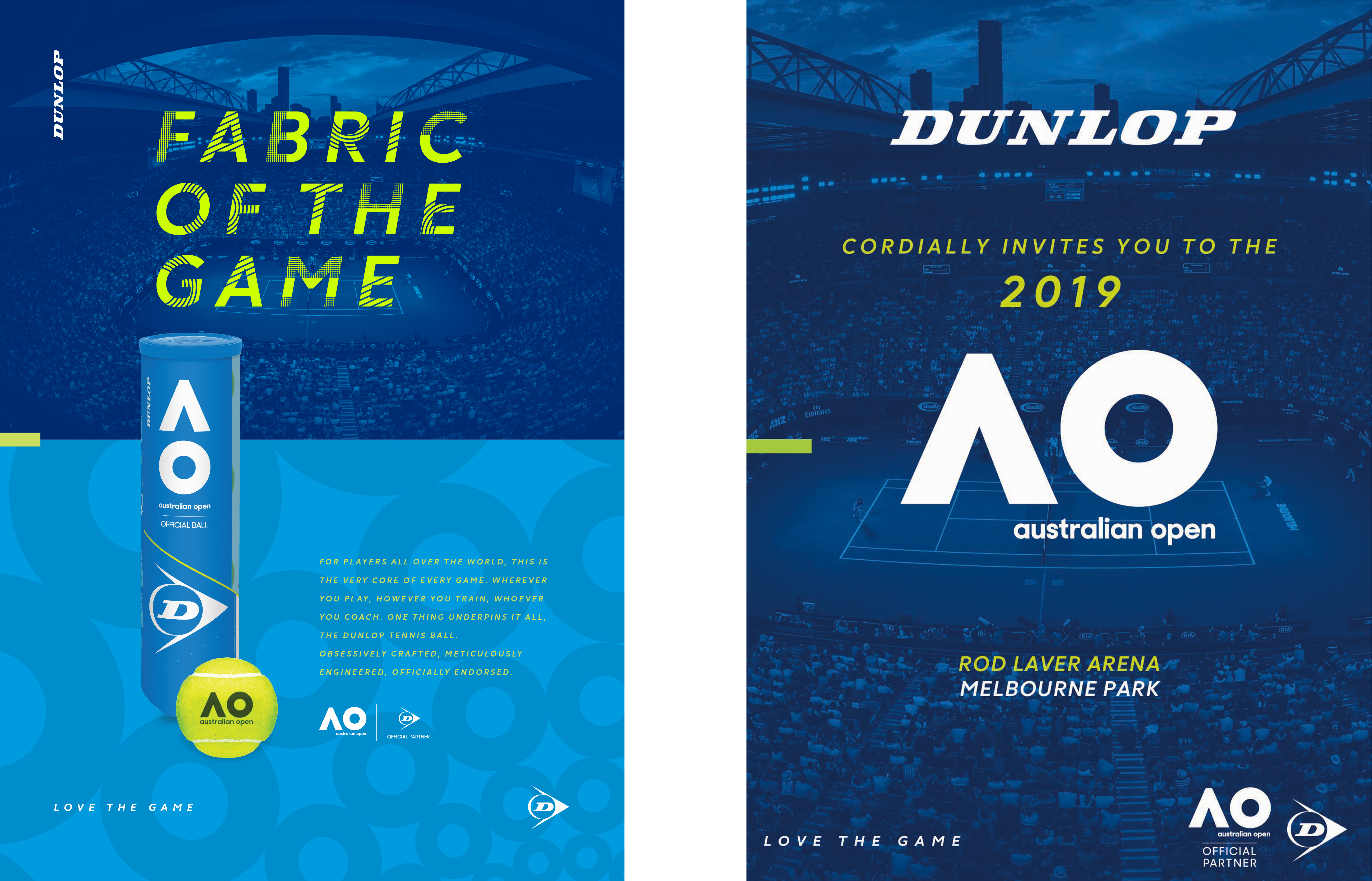 Dunlop Australian Open Fabric of the Game poster artwork and 2019 Australian Open event invitation poster