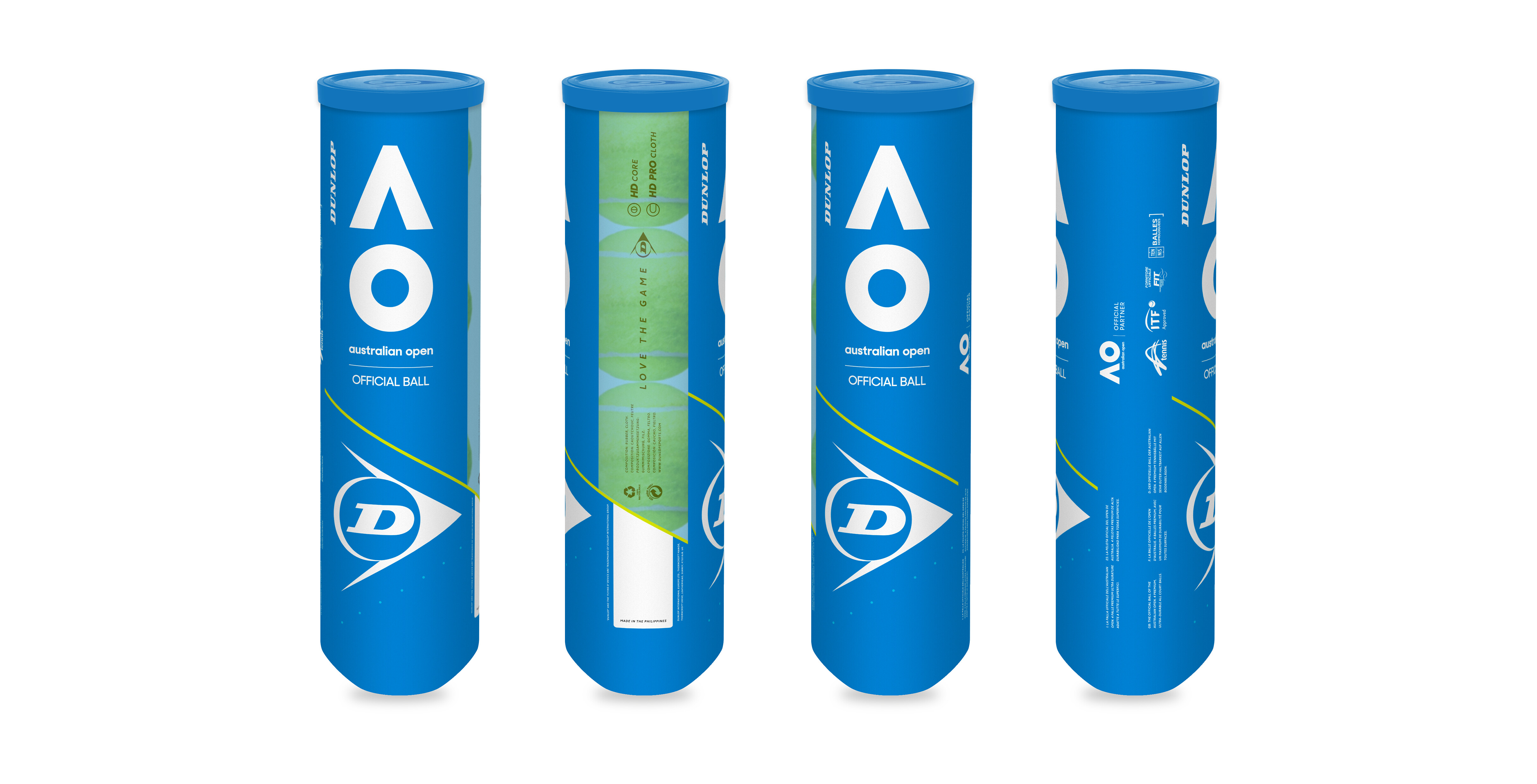Dunlop Australian Open Official Ball canister — product photography, four angles