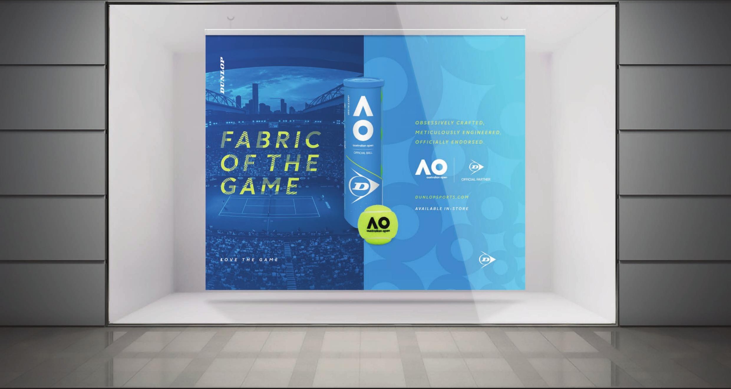 Dunlop Australian Open 'Fabric of the Game' window takeover, installed at Rebel Sport