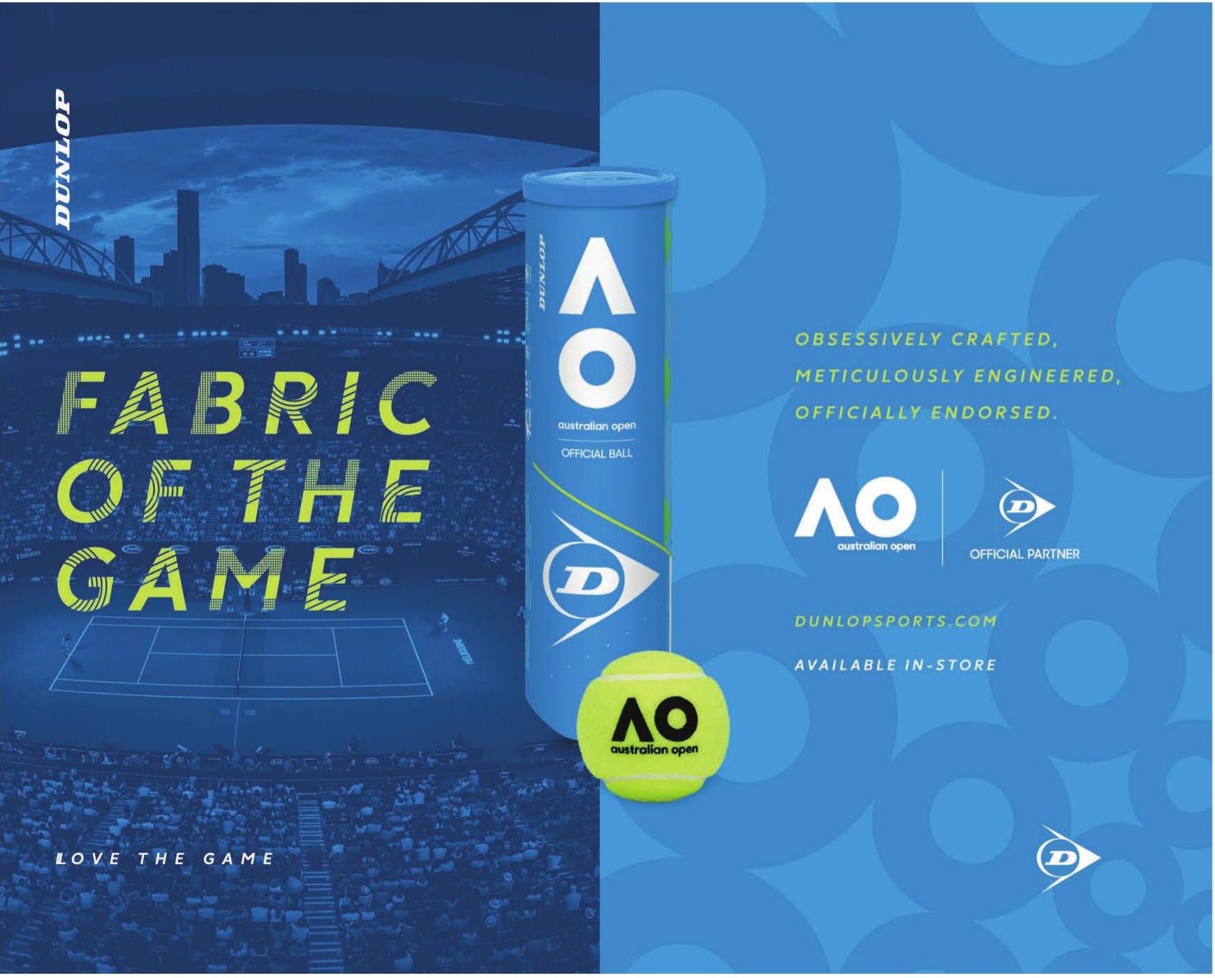 Dunlop Australian Open 'Fabric of the Game' shopper window artwork — Official Ball packaging and AO branding