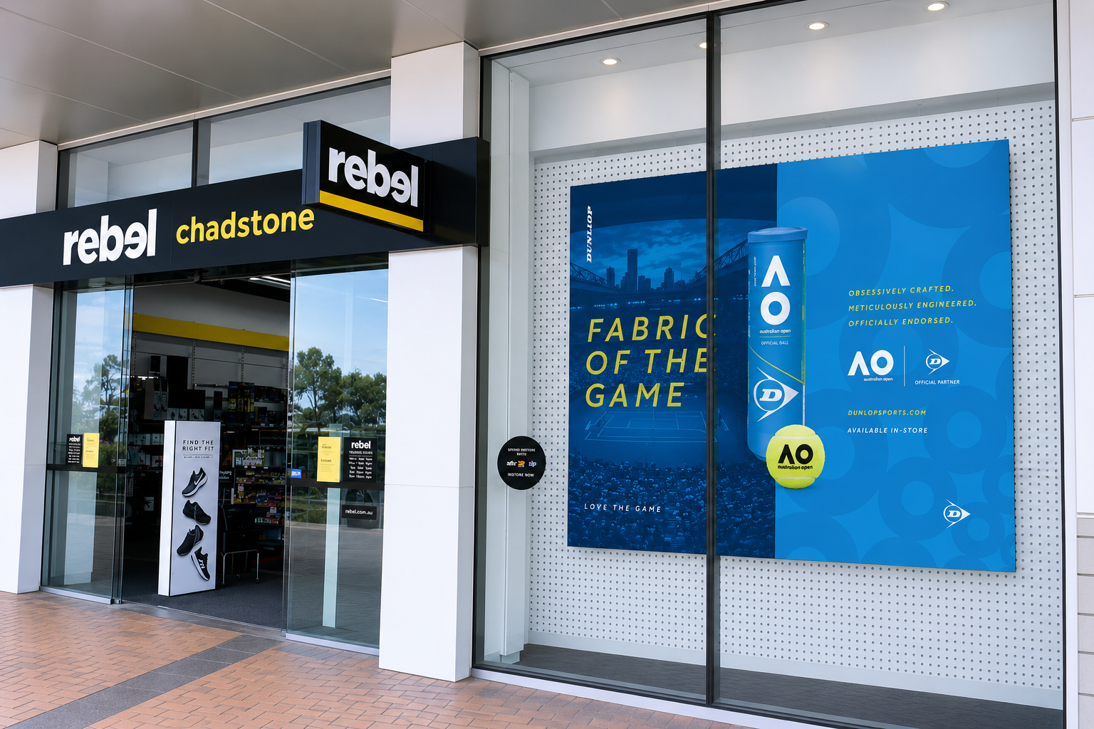 Dunlop Australian Open window takeover at Rebel Sport Chadstone, Fabric of the Game campaign