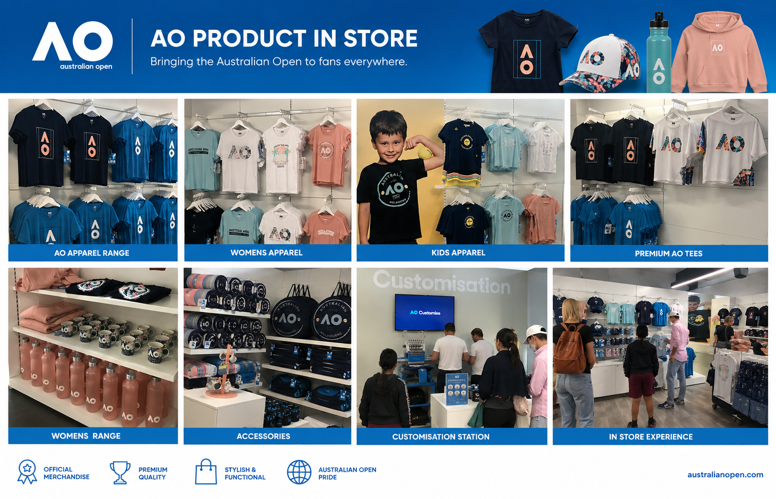 Dunlop Australian Open apparel range in-store — men's, women's and kids' apparel
