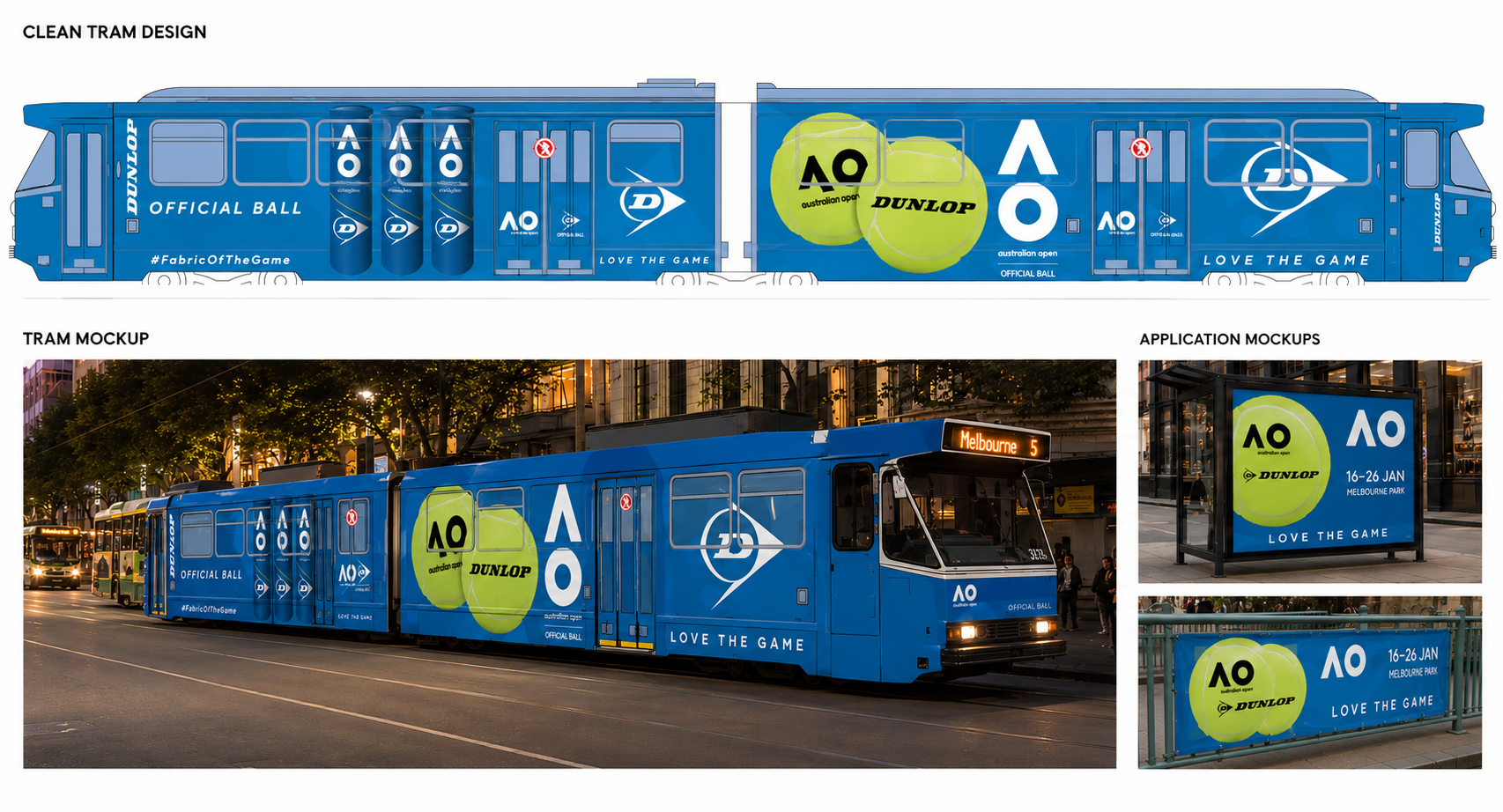 Dunlop Australian Open tram livery design with bus shelter and fence banner application mockups