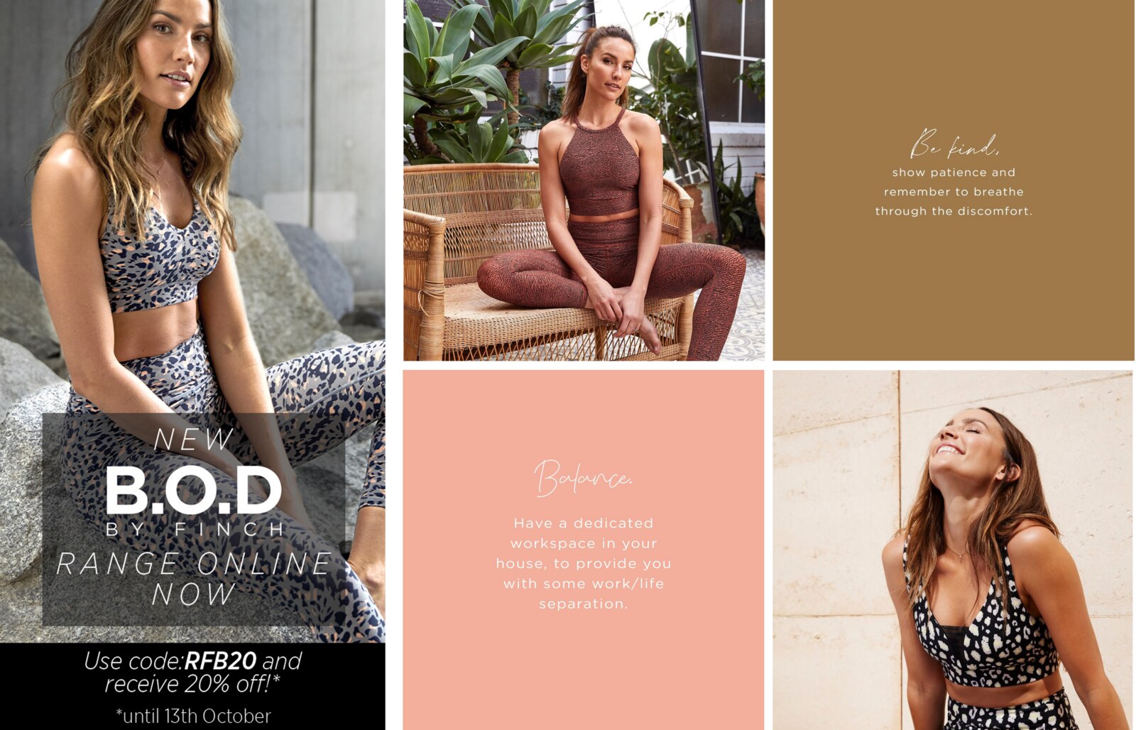 B.O.D by Finch Instagram grid — new range launch, lifestyle photography and mindfulness content tiles