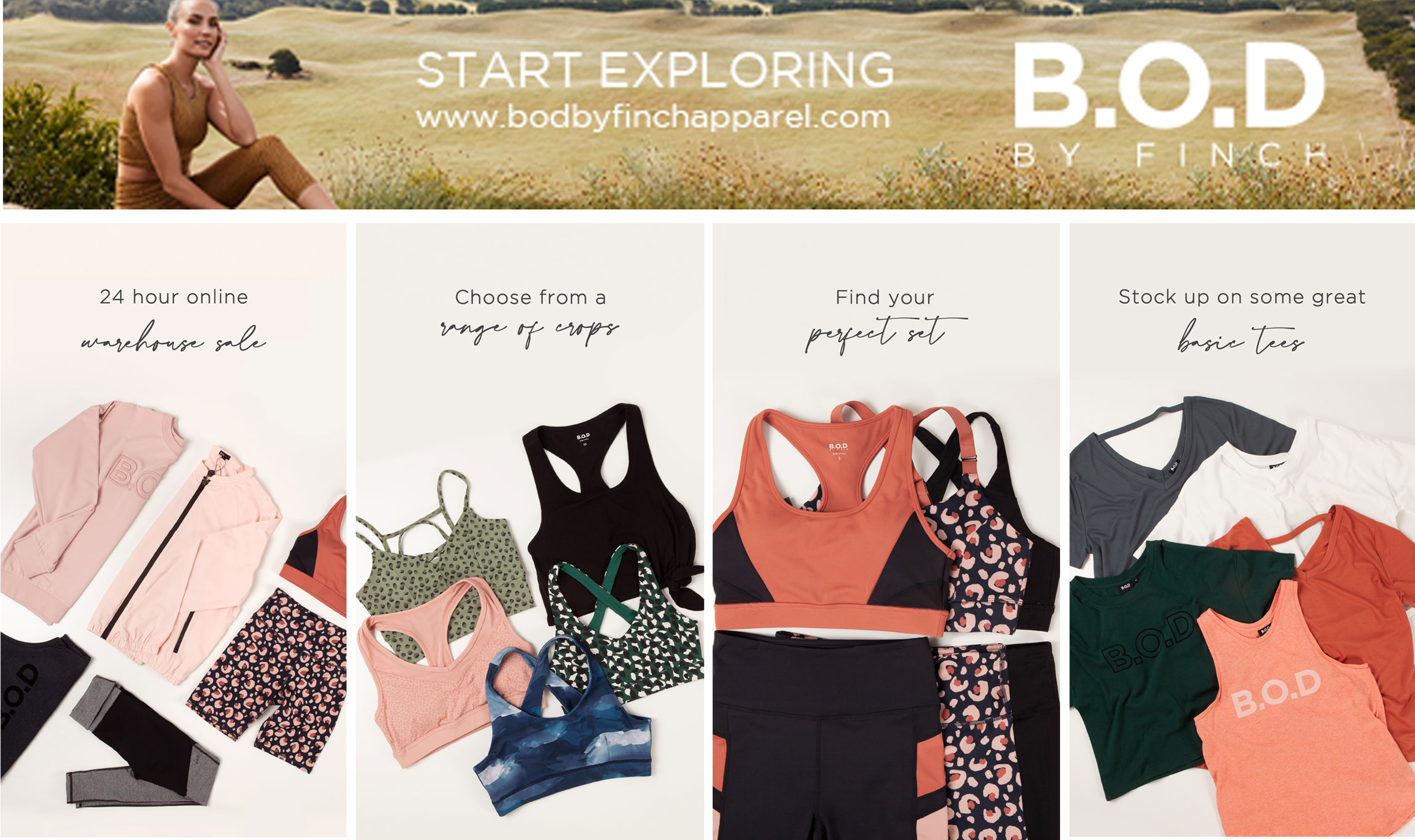 B.O.D by Finch web feature module — 24-hour warehouse sale banner with flat-lay product-styling panels