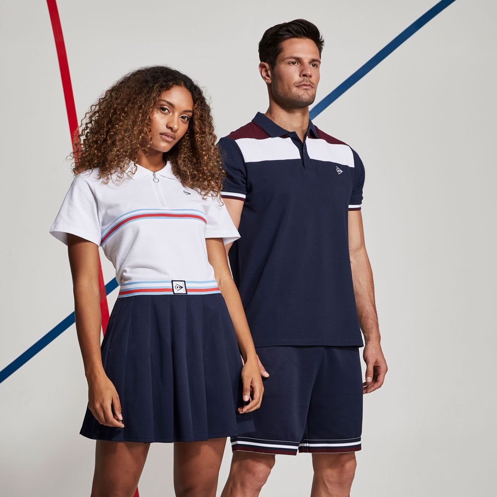 Dunlop Advantage campaign photography — man and woman in studio, navy and burgundy range