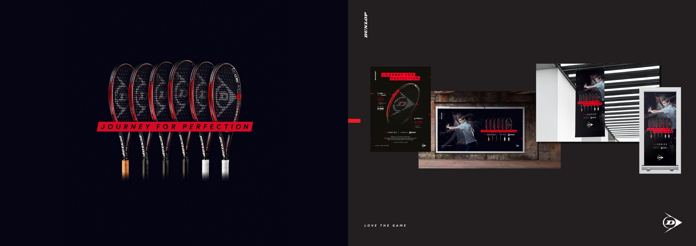Dunlop racket campaign — Journey for Perfection, applied across in-store digital screens and posters