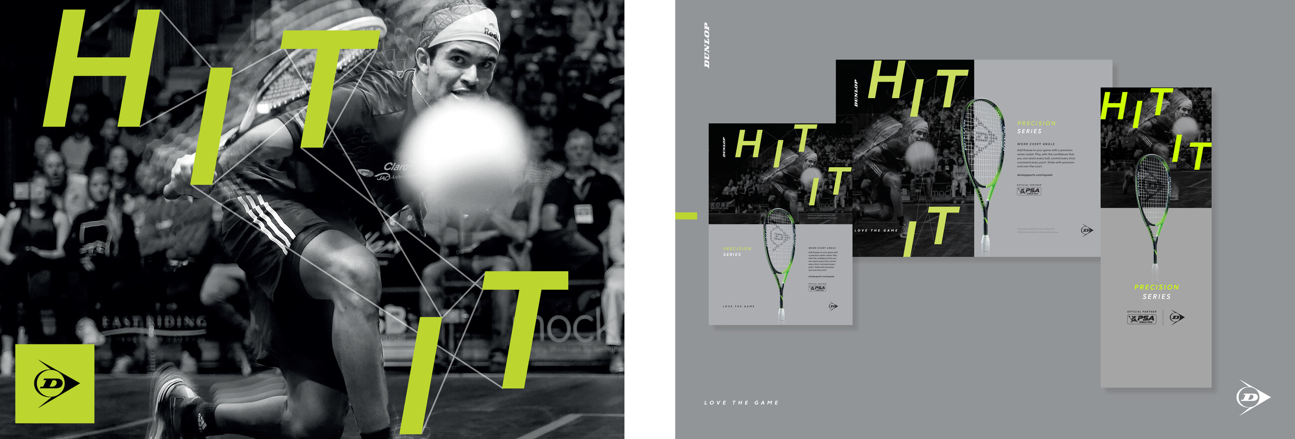 Dunlop squash campaign poster — Hit It, applied across the Precision Series range