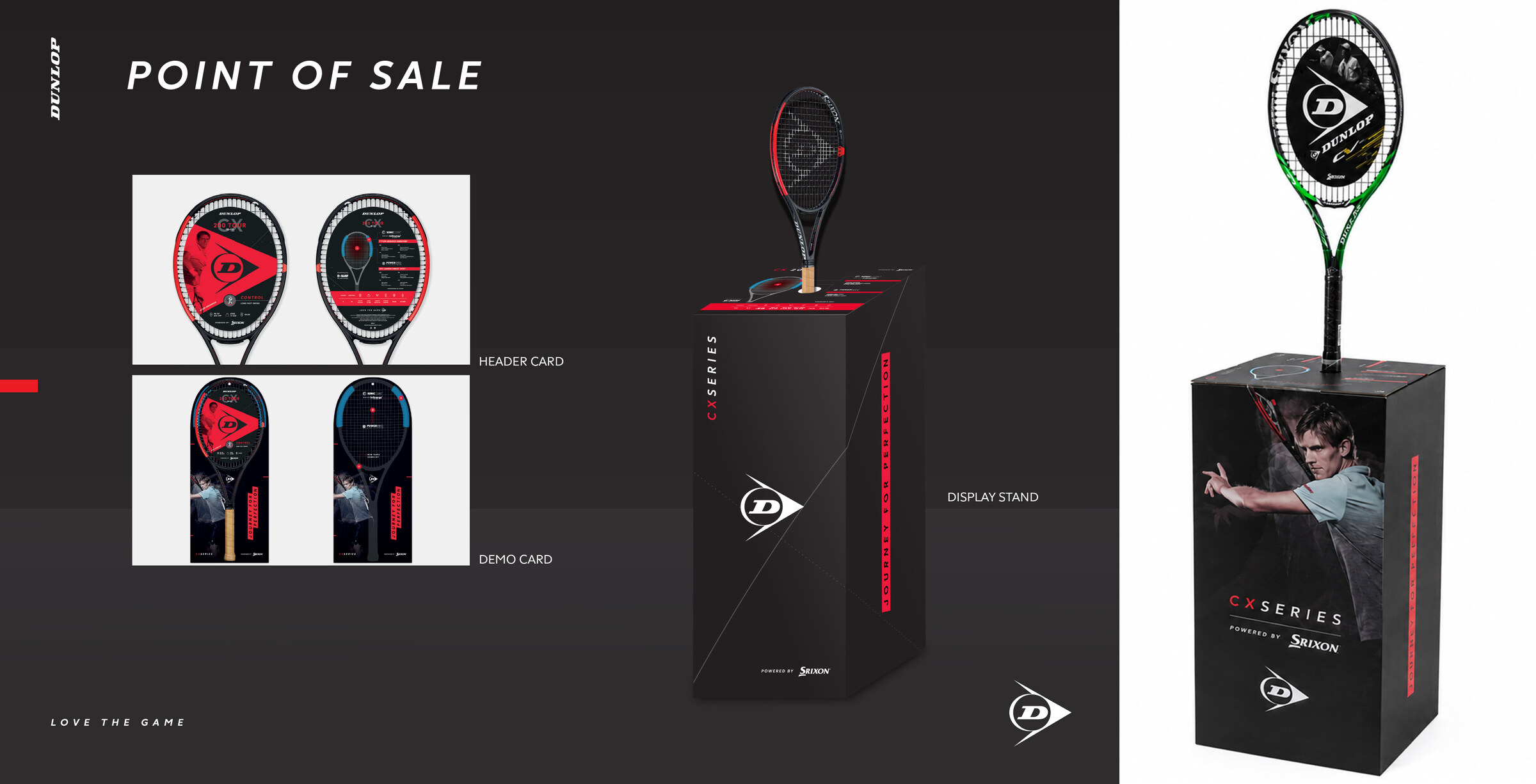Dunlop CX Series racket point of sale — header cards, demo cards and in-store display stand