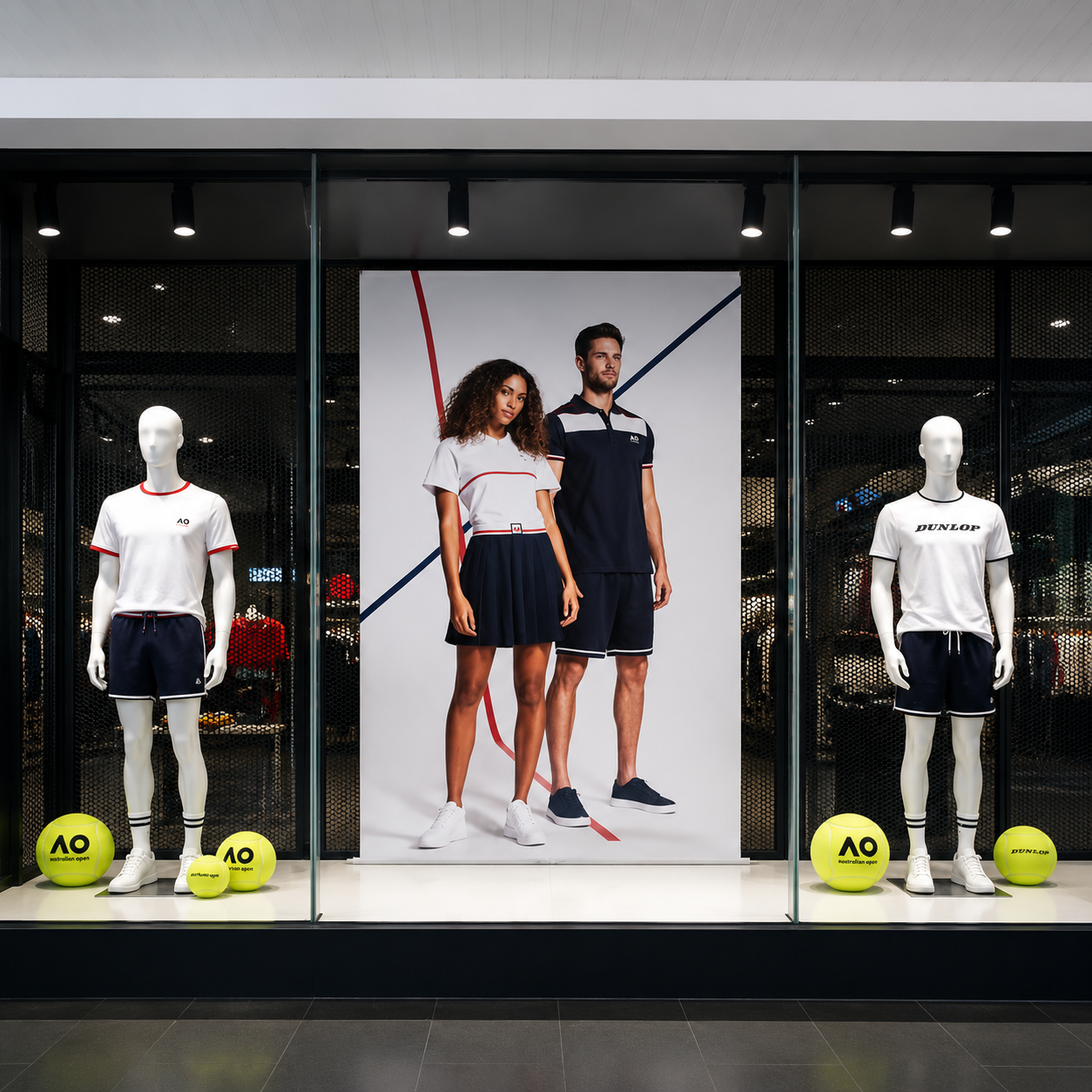 Dunlop Advantage campaign poster in a retail shopfront window, flanked by mannequins wearing the range
