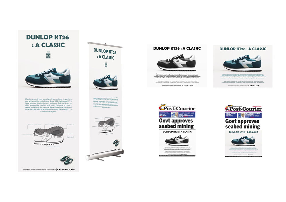 Dunlop KT26 campaign applied across poster, pull-up banner, social tile and newspaper placement