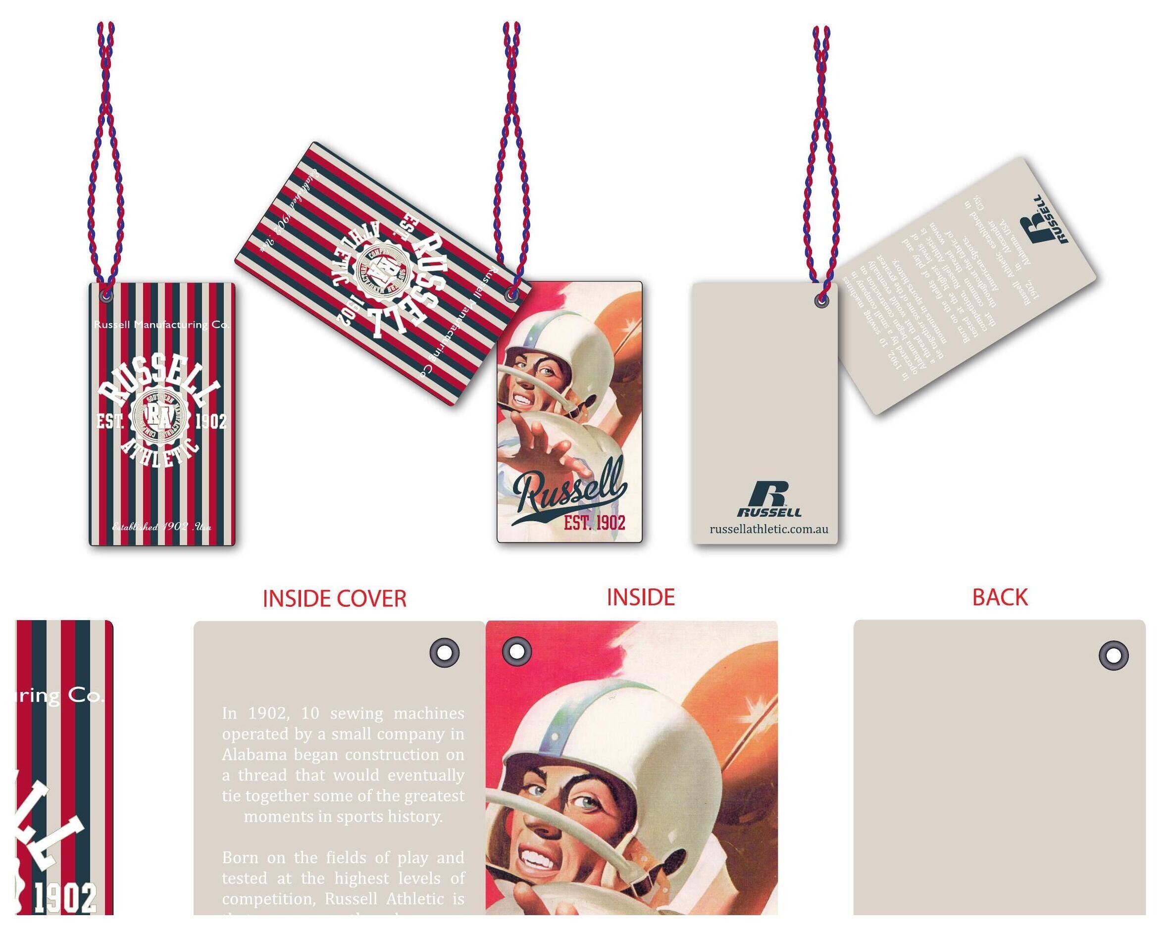 Russell Athletic swing tag — heritage brand mockup and flat artwork breakdown