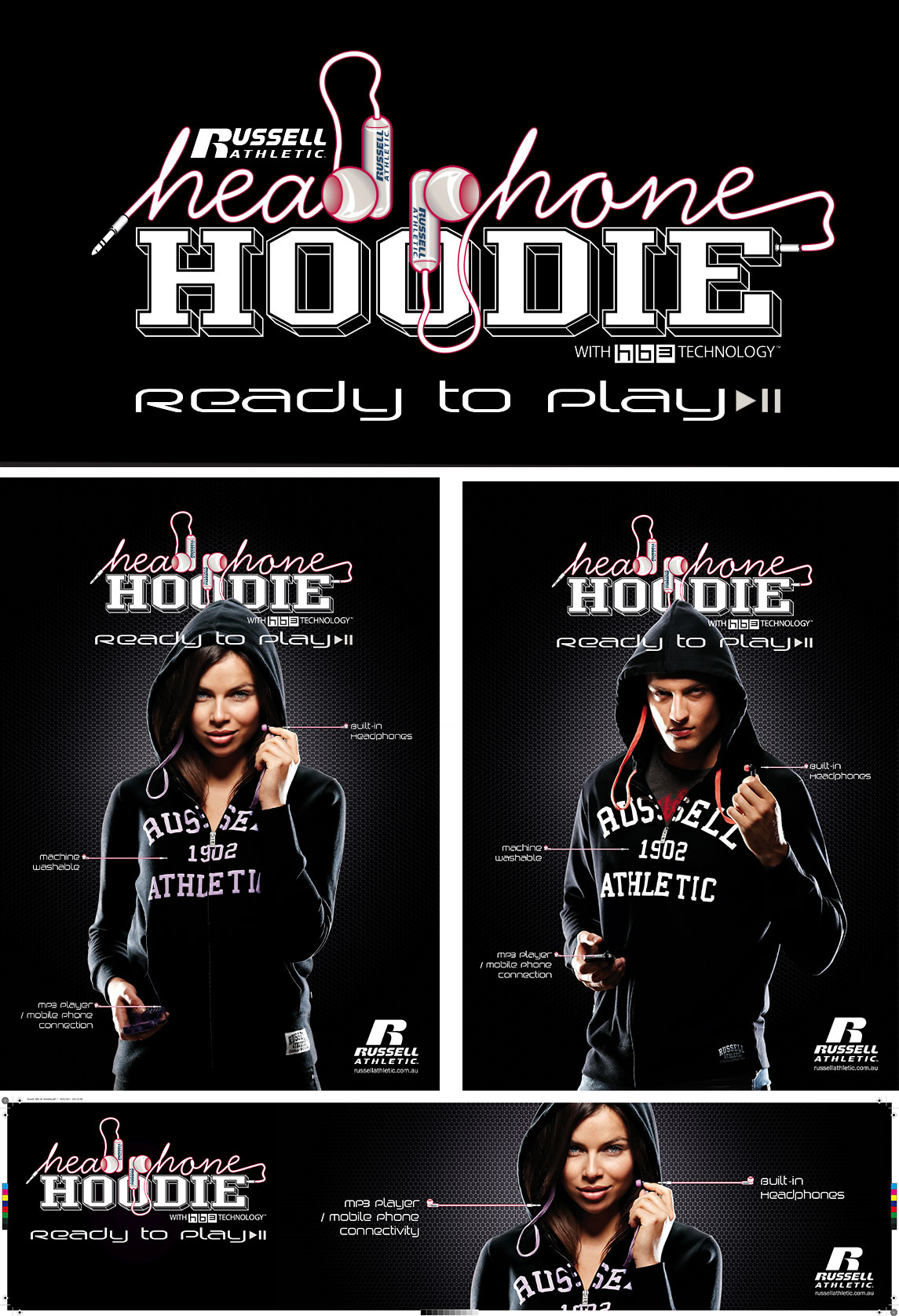 Headphone Hoodie POS posters — built-in headphones, ready to play